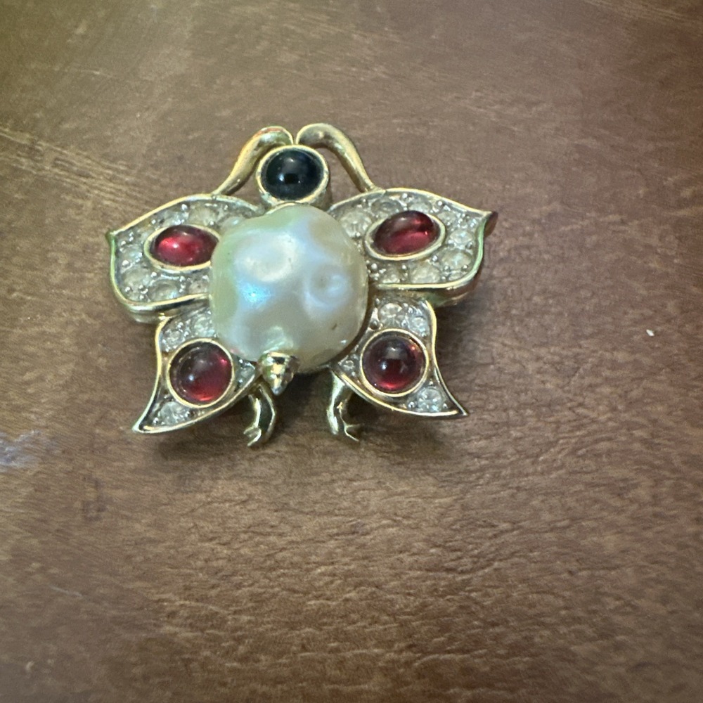 Vintage D'orlan Faux Pearl Red Black Cabochon Glass Crystal Butterfly Brooch